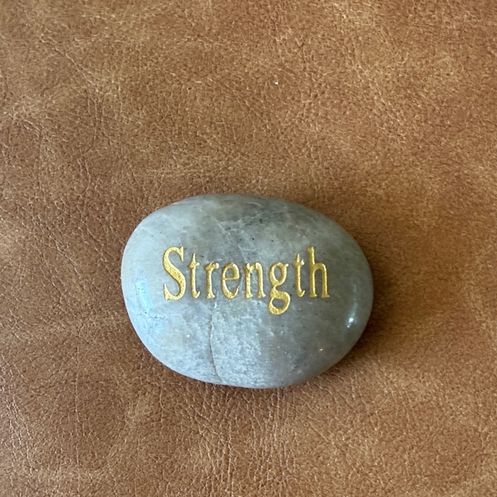 Gray Stone with Gold 'Strength' Inscription Writing Paper Weight 3” by 2”